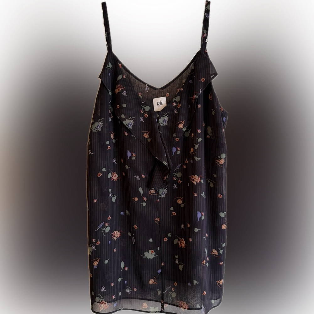 CAbi Black Floral Cami with Pinstripes style 3607 Size Large